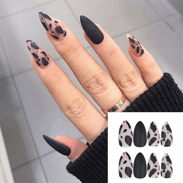 Women Fashion Black Matte Full Cover Leopard False Nail Tips Stiletto With Glue