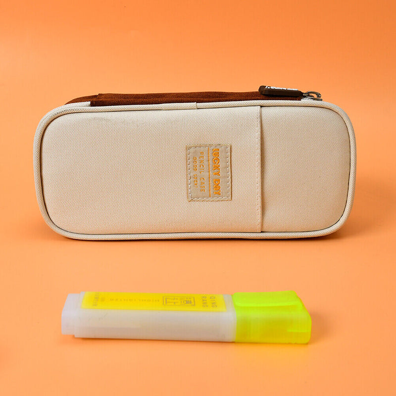 Canvas Pencil Case Double Layer Large Capacity Stationery Pen Box (Brown) Newly