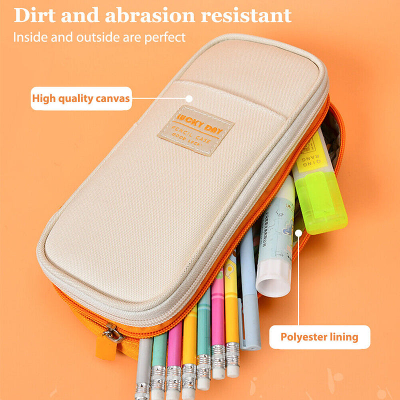 Canvas Pencil Case Double Layer Large Capacity Stationery Pen Box (Yellow) Newly