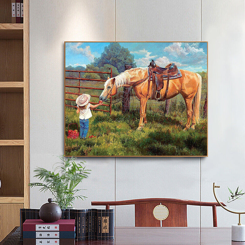 Frameless Oil Paint By Numbers Feeding Horse Girl DIY Canvas Picture Kit