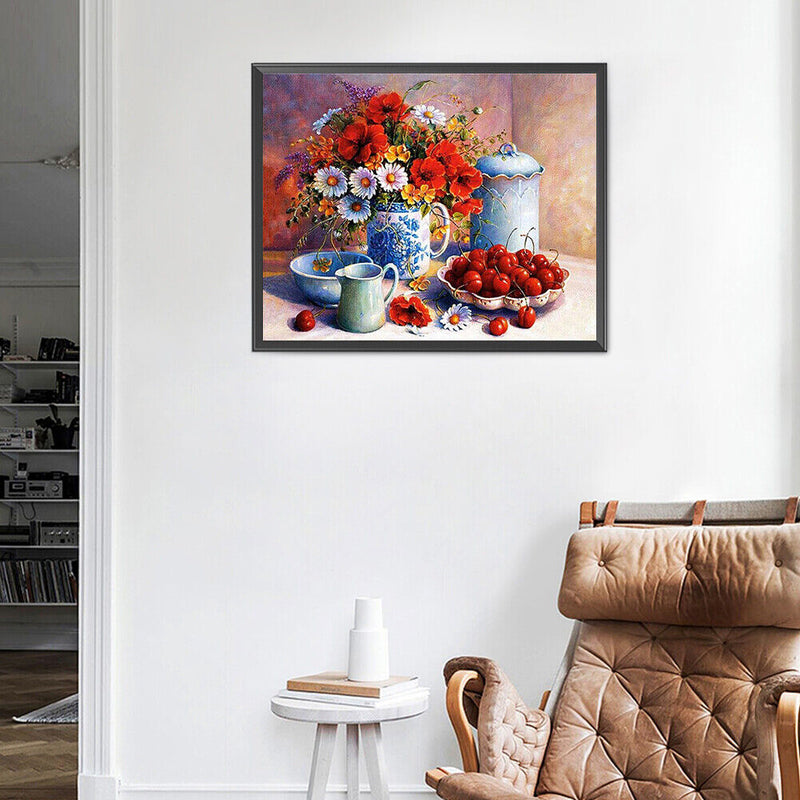 Cherry and Flower Oil Paint By Numbers Kit Hand Painted Home Decoration No Frame