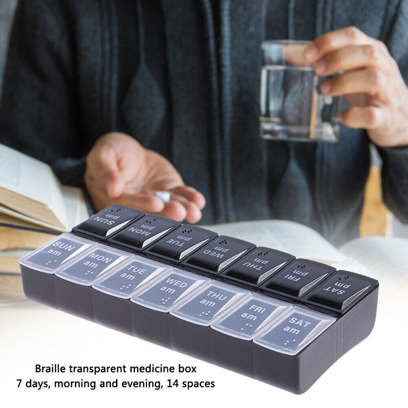 Braille Medicine Organizer Large Capacity 14 Dividers Vitamin Holder Twice Daily