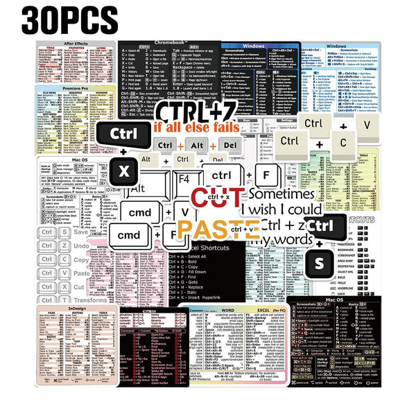 30 Pcs Computer Shortcut Keys Excel/Word Graffiti Stickers DIY Decoration&