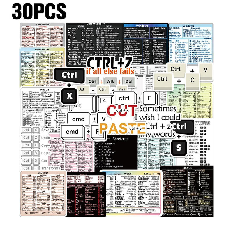 30 Pcs Computer Shortcut Keys Excel/Word Graffiti Stickers DIY Decoration&