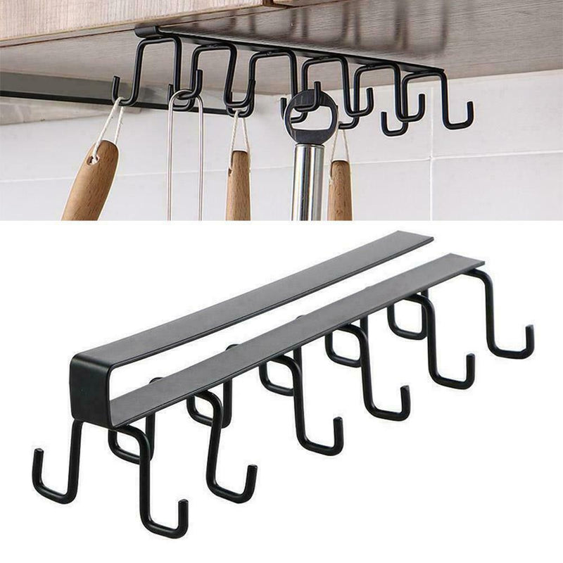 6 Hooks Cup Holder Kitchen Cabinet Shelf Storage Black Organizer Rack L2I1