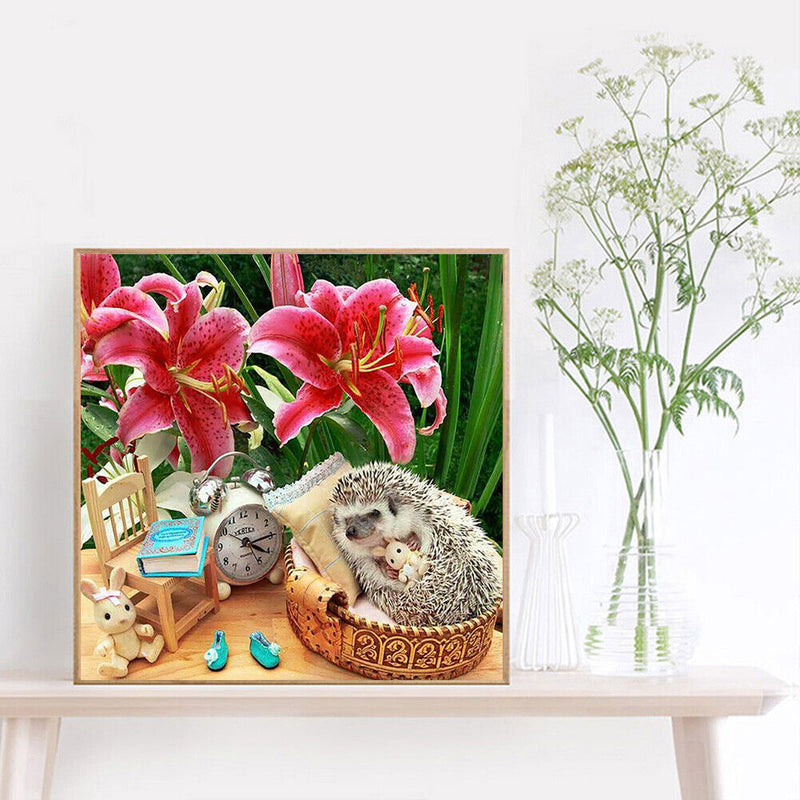 Full Drill Round Rhinestone DIY 5D Mosaic Hedgehog Clock Painting Kit Room Decor