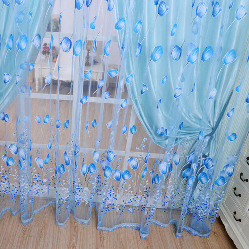 Tulip Flower Yarn Sheer Window Curtain Scarf Drapes for Bedroom (Blue)