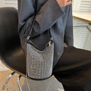 Fashion Rhinestone Shoulder Bag Glitter Diamond PU Leather Bucket Totes Handbag