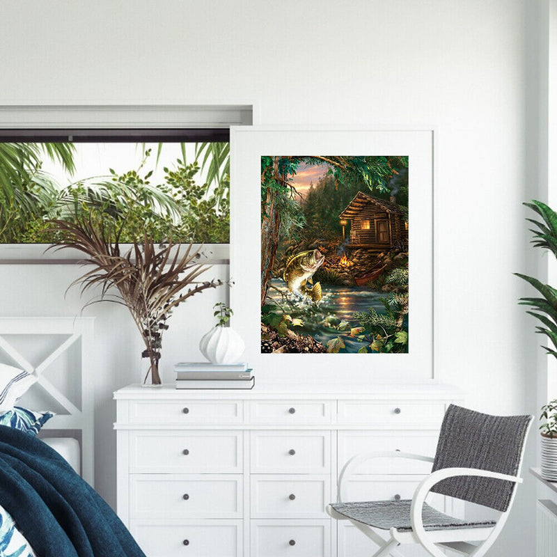 Cabin River Fish Canvas Paint By Numbers Oil Hand Painted Home Drawing Kit