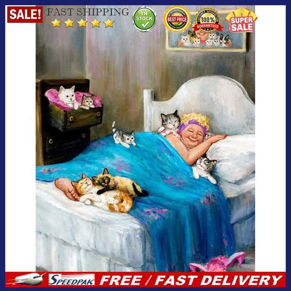 Granny and Cats Oil Paint By Numbers DIY Canvas Wall Picture Craft Home Decor