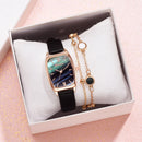 Simple PU Leather Watch Elegant Bracelet Women Square Dial Quartz Wristwatch Set