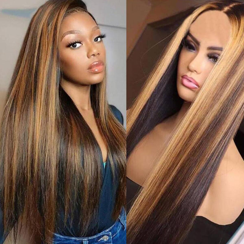 Women Fashion Ombre Brown Human Hair Wigs Brazilian Full Long Straight Front Wi~