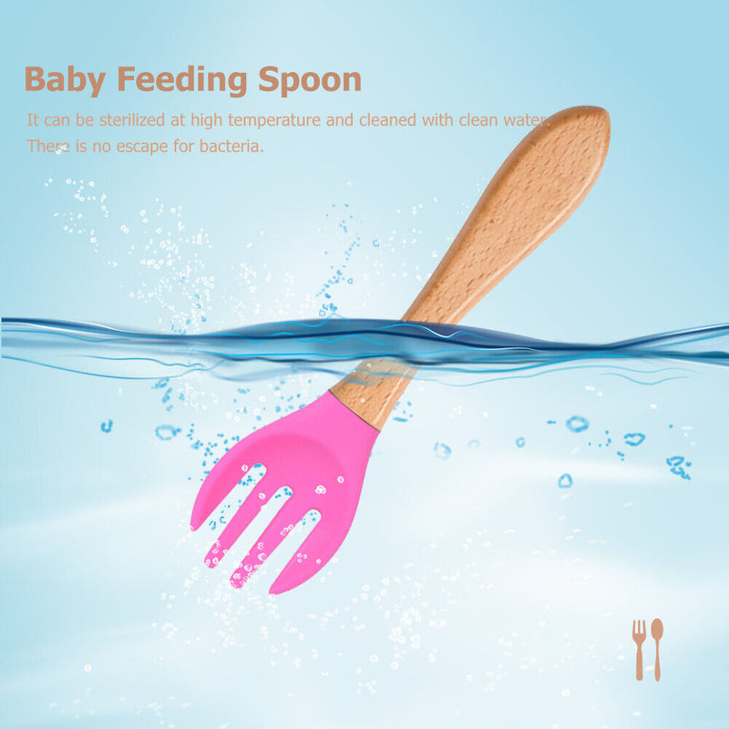 Baby Wooden Silicone Feeding Spoon Toddlers BPA-free Tableware (8) Newly