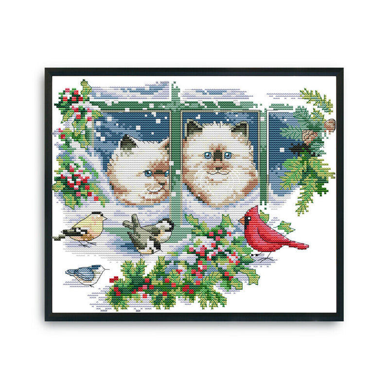 Stamped Cross Stitch Winter Kitties 2-Strand 14CT Embroidery DIY Set (D379)