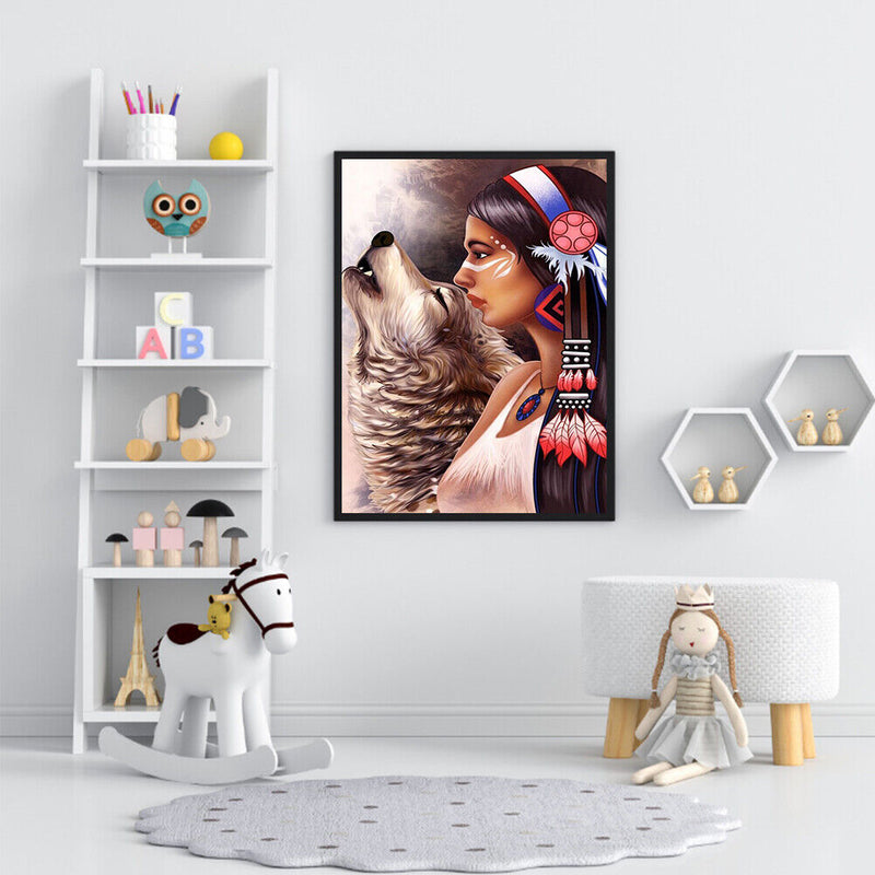 DIY Hand Painted Paint By Numbers Oil Canvas Pictures Aboriginal Girl Wolf Kit