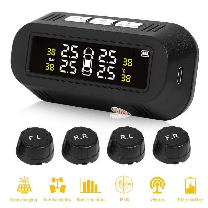 C68 USB+Solar Car TPMS Tire Pressure Monitor Temp Warning System with 4 Sensors