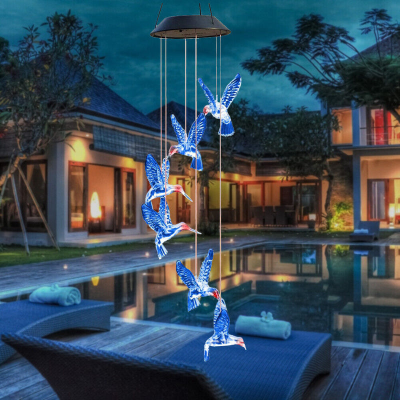 Solar LED Color Changing Wind Chime Lamps Hummingbird Pendant Lights (A) Newly