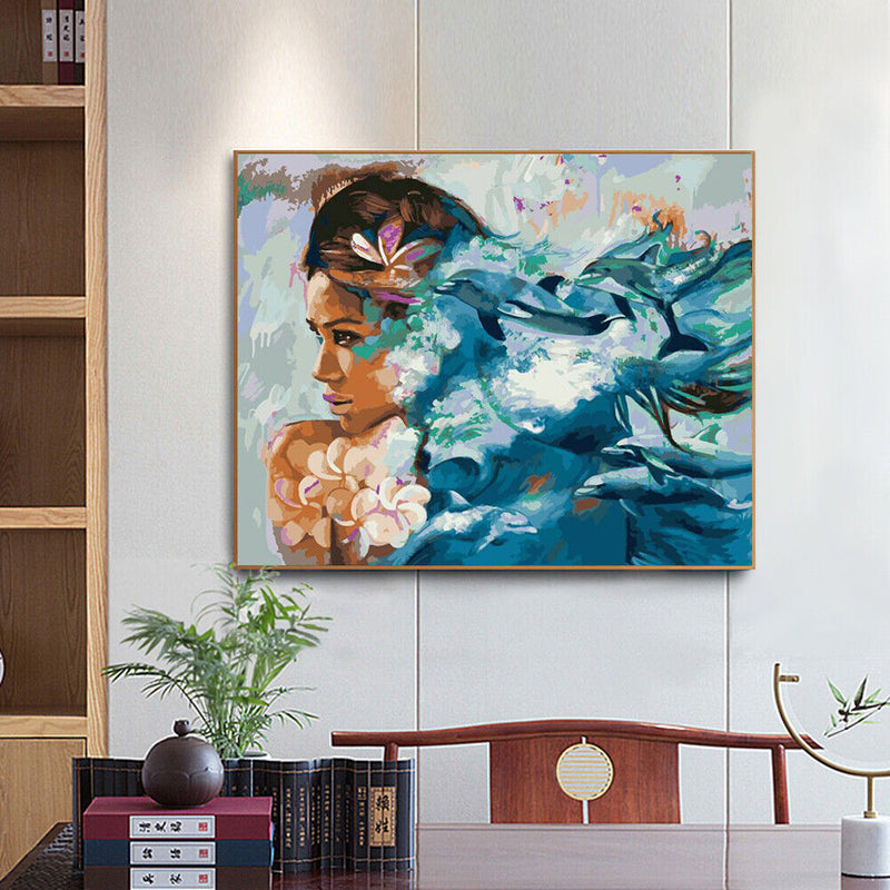 Girl and Dolphin Oil Paint By Numbers DIY Acrylic Painting on Canvas Drawing Kit