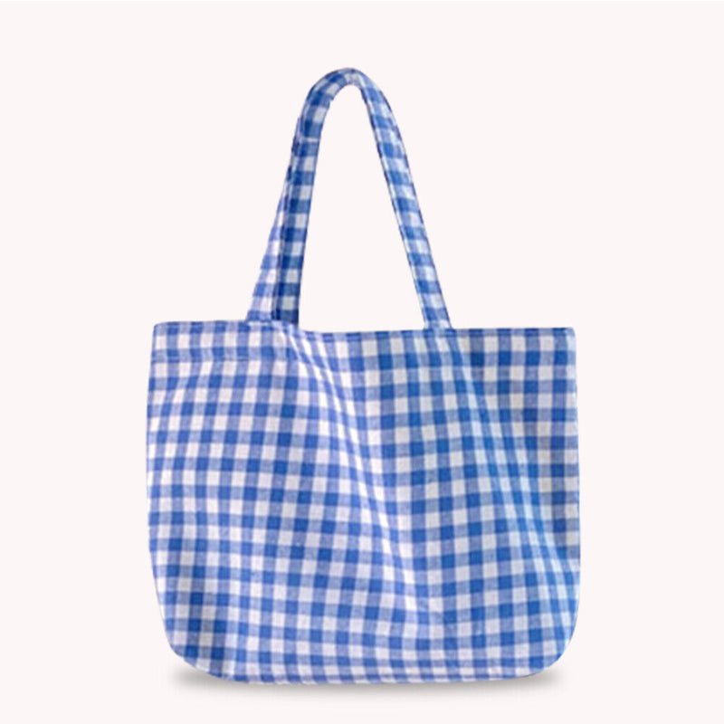 Women Portable Cloth Shopping Handbag Simple Plaid Picnic Large Capacity Tote