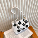 Women Chain Underarm Shoulder Bag Canvas Flower Print Handbags Tote (Black)