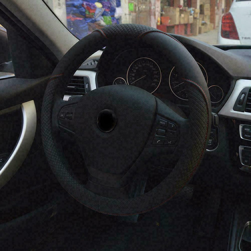 Black+Red Microfiber Leather Car Steering Wheel Protect Sale Cover 38cm K3C7
