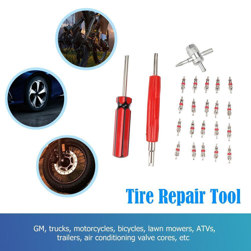 For Car Truck Motorcycle ATV 20pcs Valve Cores with Removers+4-Way Valve Tool