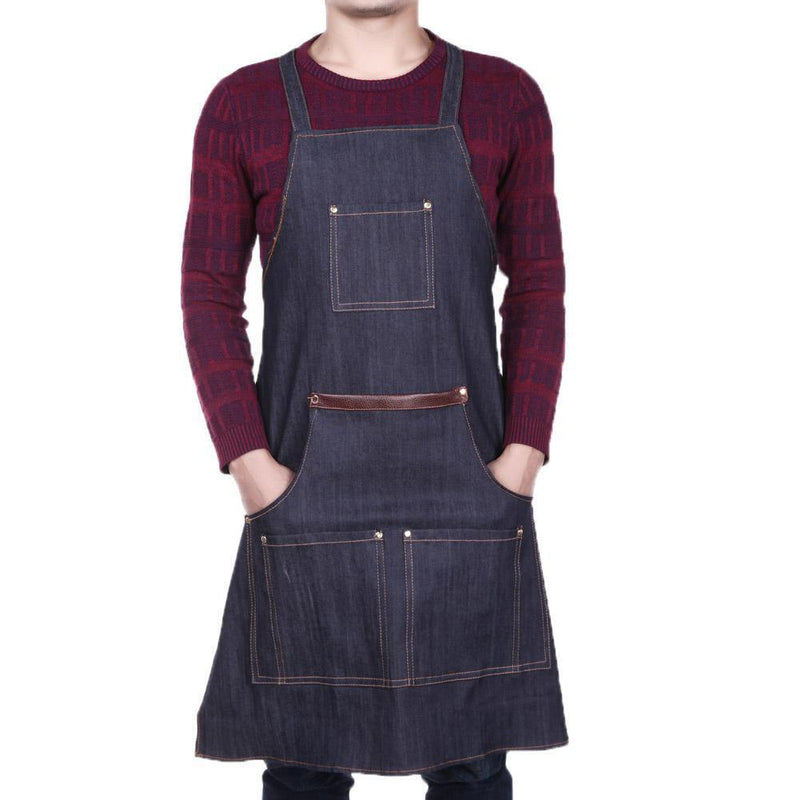 Unisex Pocket Antifouling Denim Cloth Work Apron Cafe Kitchen Cooking Bibs Newly