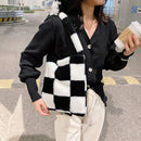 Female Fluffy Fashion Checkerboard Tote Bag Winter Mobile Phone Top-Handle Bag