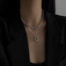 Women Jewelry Square Pendant Double Layer Multilayer Necklace Long Link Chain