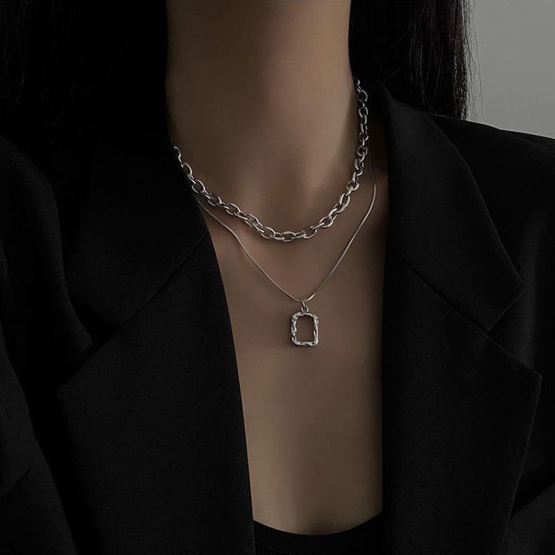 Women Jewelry Square Pendant Double Layer Multilayer Necklace Long Link Chain