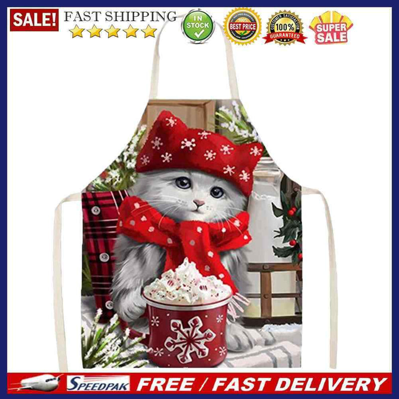 Portable Baking Painting Cooking Art Bib Apron Christmas Cat Printed Linen Ap