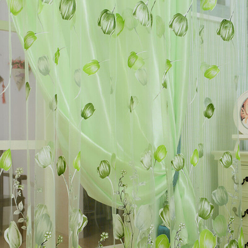 Tulip Flower Yarn Sheer Window Curtain Scarf Drapes for Bedroom (Green)