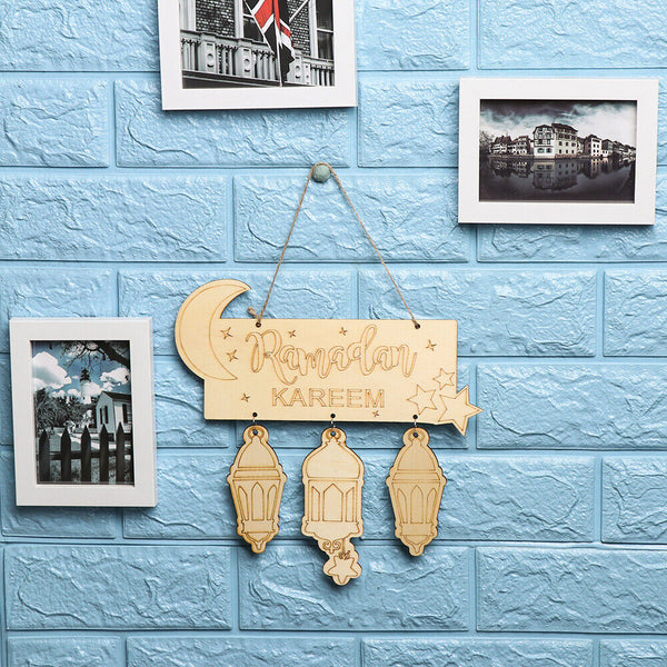 Wooden Eid Mubarak Hanging Lantern Pendant Crafts Accessories Table Ornament