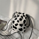 Mini Women Girl Small Pouch Plush Drawstring Bag Cow Milk Print Crossbody Bag