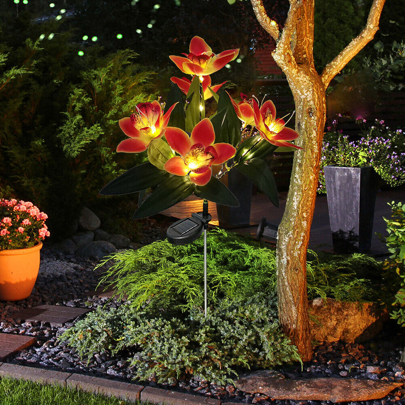 2x LED Solar Garden Orchid Light Waterproof Landscape Fence Decor (Orange)