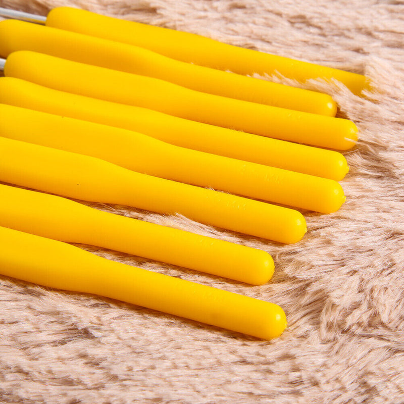 8 sizes Soft Plastic Handle Home Aluminum Crochet Knit Hook Needle Yellow Newly