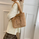 Cute Little Bear Print Large Handbag Women Autumn Winter Soft Plush Shopping Bag