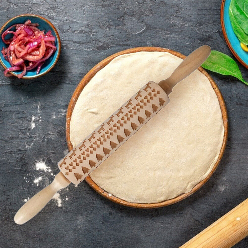 Christmas Elk Embossed Baking Cookies Noodle Roller Wooden Patterned Rolling Pin