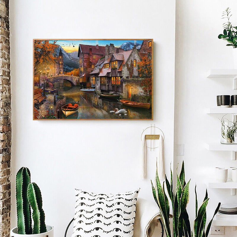 Frameless Oil Painting Arts Picture By Number Riverside Town Hand Painted Craft
