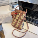 Women Hand-woven Straw Messenger Bag Bucket Small Crossbody Bag (Pink)
