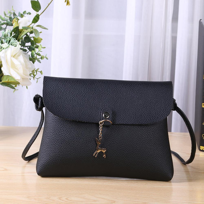 Simple Pure Color Deer Pendant Shoulder Handbag Women Crossbody Bag (Black)
