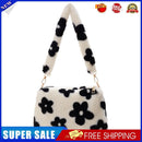 Fashion Flower Print Shoulder Bag Women Winter Plush Small Handbags (Black)