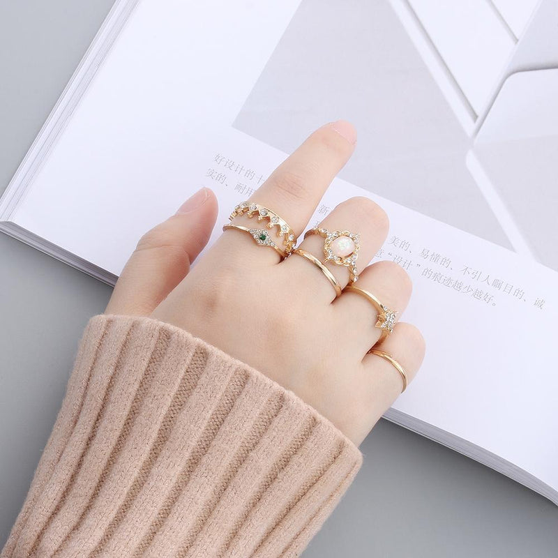 Elegant Bohemian Opal Rings Set Knuckle Midi Crown Finger Rings Moon Star