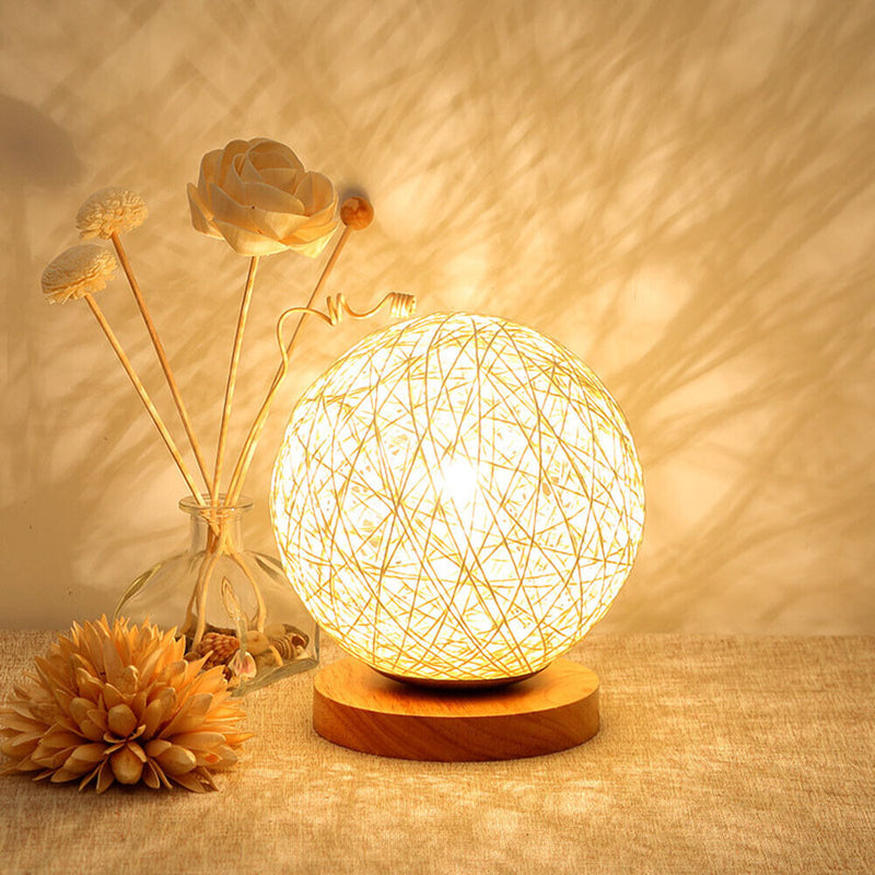 Wooden Table Lamp USB Rattan Ball Bedroom Living Room Bedside Night Lights Newly