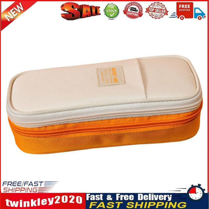 Canvas Pencil Case Double Layer Large Capacity Stationery Pen Box (Yellow) Newly