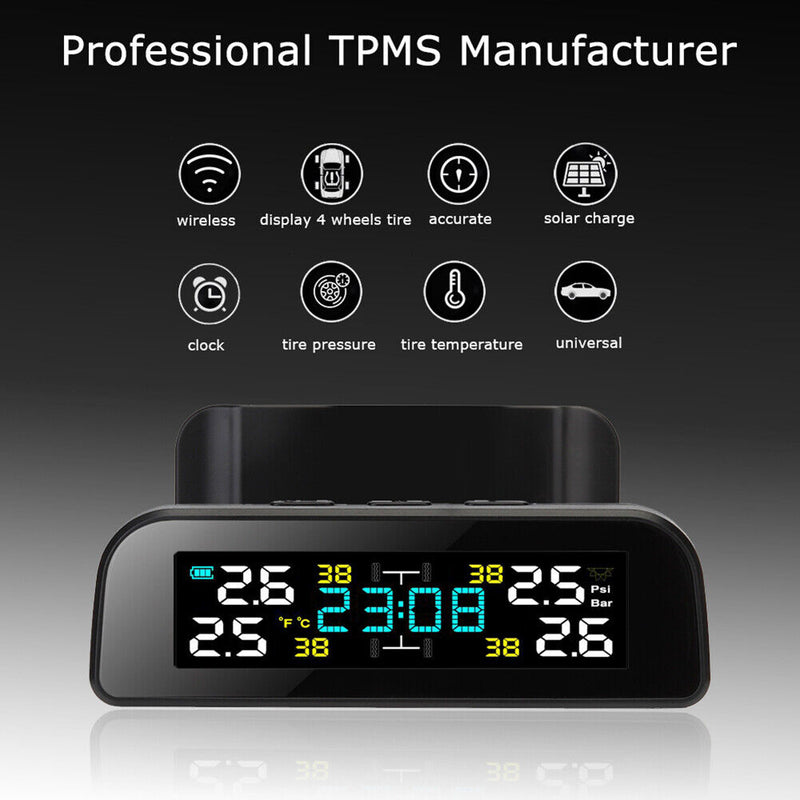 TY17 TY18 Solar Car TPMS with Clock Tire Pressure Temp Monitoring Alarm System