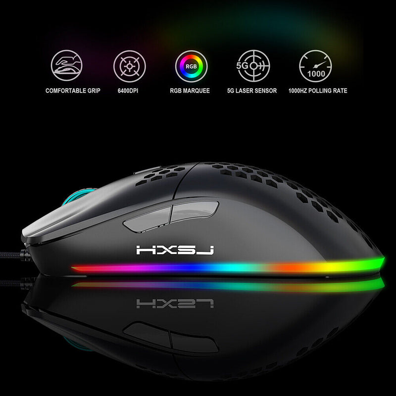 USB Lightweight Gaming Mouse RGB Backlit 6400DPI Honeycomb Shell Mice for PC