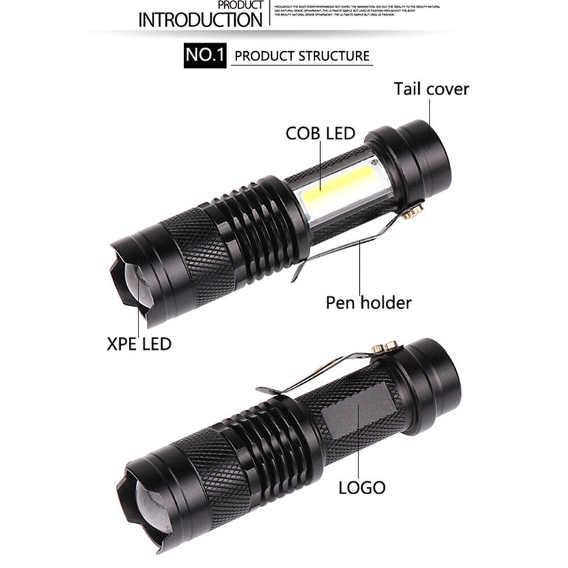 XPE+COB LED Powerful Flashlight 400mAh Battery Rechargeable Camping Torch