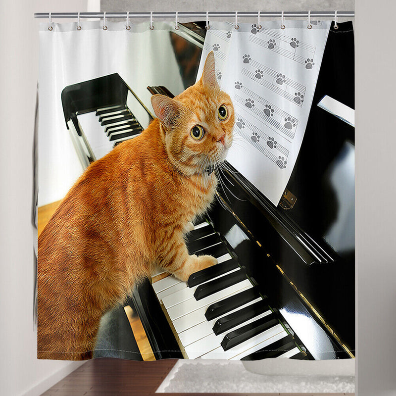 Cat Playing Piano Shower Curtain Anti Splash Bathroom Curtain Hanging Covers