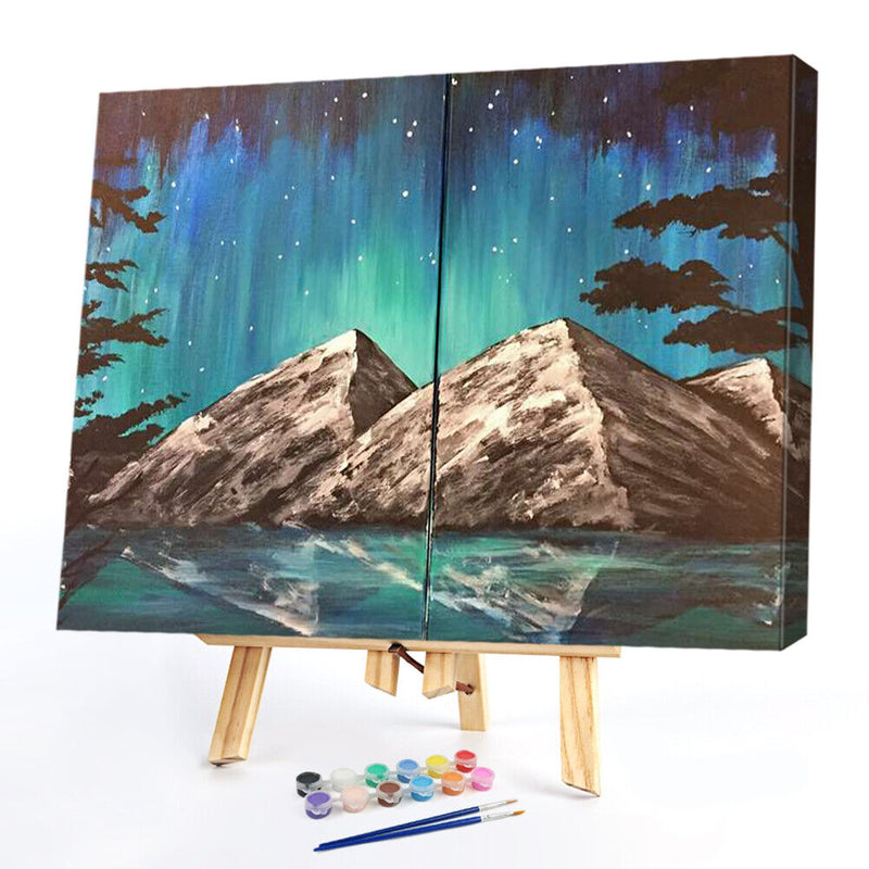 Aurora Night Mountains Oil Paint By Numbers 2 Panels DIY Picture for Adults K